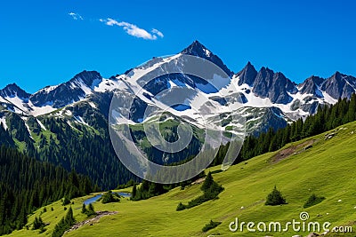 Towering peaks and alpine meadows Stock Photo