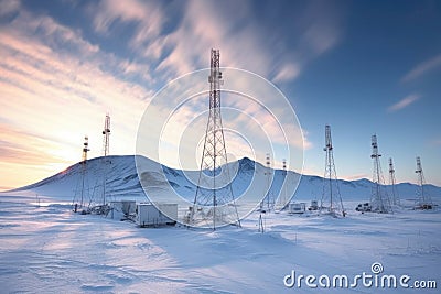 towering research antenna array in remote arctic Stock Photo