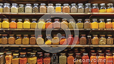 Towering shelves stacked with jars of es in a rainbow of colors ranging from fiery red chili flakes to earthy golden Stock Photo