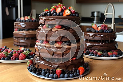 towering stack of chocolate sponge cakes, drizzled with chocolate ganache and topped with fresh berries Stock Photo