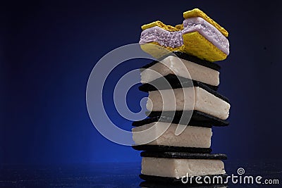 Towering stack of ice cream sandwiches Stock Photo