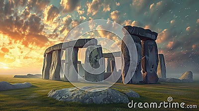 Stonehenge during a celestial alignment, where the stones seem to resonate with otherworldly energy. The background should be Stock Photo