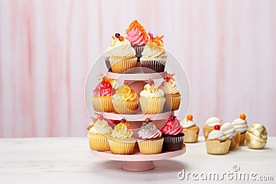 a towering 3-tier cupcake stand filled with festively decorated cupcakes Stock Photo