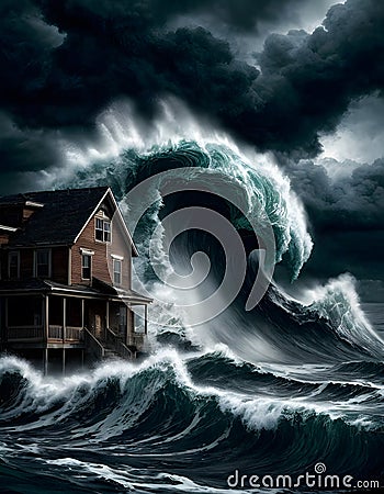 Towering Wave Engulfing Coastal House Stock Photo