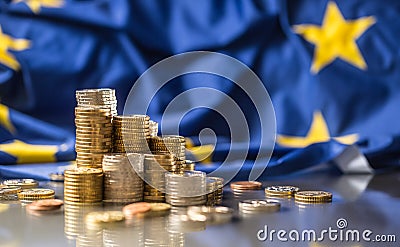 Towers with euro coins and flag of European Union in the background Stock Photo