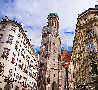 The towers of Frauenkirche Munich - MUNICH, GERMANY - JUNE 03, 2021 - CITY OF MUNICH, GERMANY - JUNE 03, 2021 Editorial Stock Photo