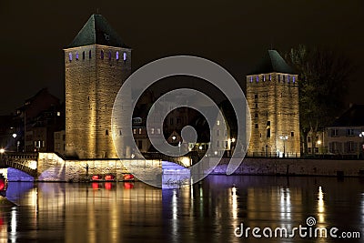 Towers of medieval bridge Ponts Couverts in Strasbourg, France Stock Photo