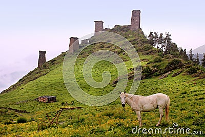 The towers in Omalo village. Tusheti region (Georgia) Stock Photo