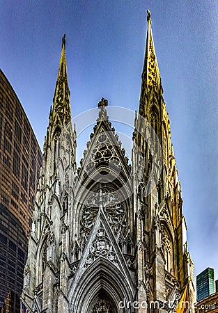 Towers of St. Patrick's Cathedral in the Big Apple, located on Fifth Avenue in Manhattan, New York. Stock Photo