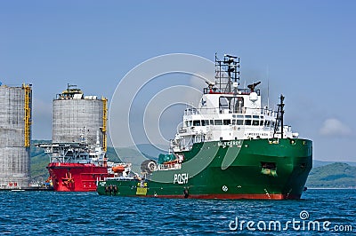 Towing base drilling platform. Nakhodka Bay. East (Japan) Sea. 01.06.2012 Editorial Stock Photo