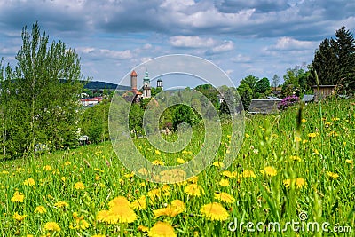 The town Auerbach in spring, Landscape Vogtland Stock Photo