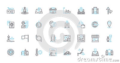 Town blueprint linear icons set. Planning, Infrastructure, Zoning, Roads, Traffic, Utilities, Residential line vector Vector Illustration