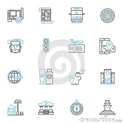 Town blueprint linear icons set. Planning, Infrastructure, Zoning, Roads, Traffic, Utilities, Residential line vector Vector Illustration