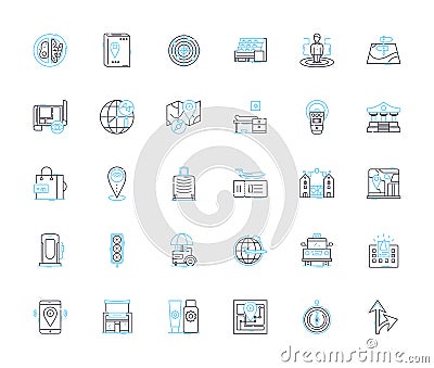 Town blueprint linear icons set. Planning, Infrastructure, Zoning, Roads, Traffic, Utilities, Residential line vector Vector Illustration