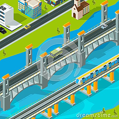 Town bridge landscape. Building footbridge pedestrian car overpass road viaduct vector isometric landscape Vector Illustration