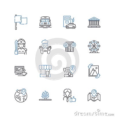 Town center line icons collection. Hub, Pedestrian, Lively, Vibrant, Urban, Park, Plaza vector and linear illustration Vector Illustration