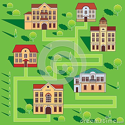 Town With Colorful Houses. Seamless Pattern. Vector Cartoon Illustration On A Green Background. Vector Illustration