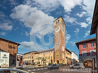 Town hall with and civic tower in Cherasco, Cuneo, Italy Editorial Stock Photo