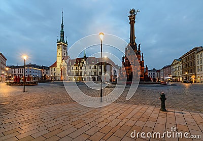 Town hall and Holy Trinity Column in Olomouc, Czech Republic. Stock Photo