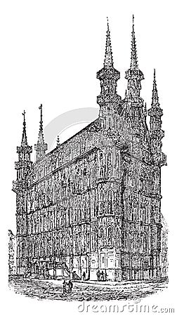 Town Hall of Leuven Belgium vintage engraving Vector Illustration