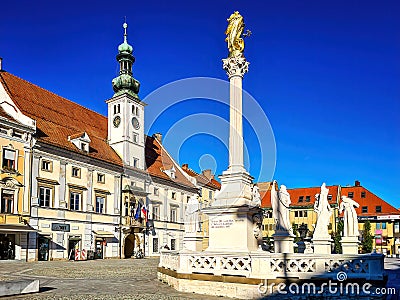 Town Hall and Plague Monument on the Maribor Main Square, Slovenia Editorial Stock Photo