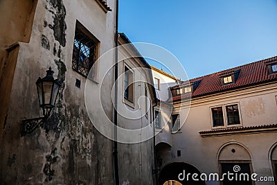 Town hall stairs, Fascinating narrow picturesque street with baroque and renaissance historical buildings, beautiful cityscape in Editorial Stock Photo