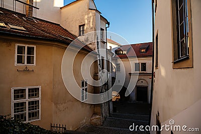 Town hall stairs, Fascinating narrow picturesque street with baroque and renaissance historical buildings, beautiful cityscape in Editorial Stock Photo