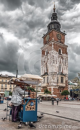 Town hall tower in suqare called Rynek Glowny in city Krakow, Poland Editorial Stock Photo