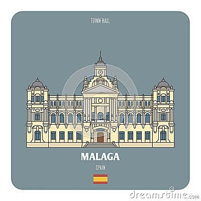 Town Halll in Malaga, Spain. Architectural symbols of European cities Vector Illustration