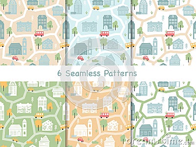 Town houses seamless pattern, scandinavian map townscape collection of city landscape Vector Illustration