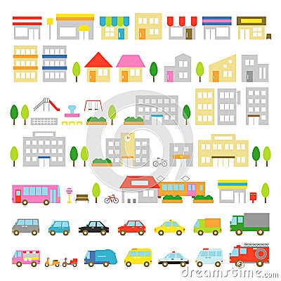 Town icon stores houses vehicles Vector Illustration