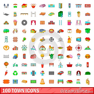 100 town icons set, cartoon style Vector Illustration