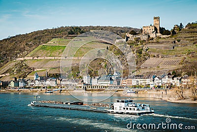 Town of Kaub with ship on Rhine river, Rheinland-Pfalz, Germany Stock Photo