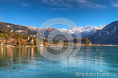 Town and Lake Brienz in beautiful autumn weather, Bernese Highlands, Switzerland Stock Photo