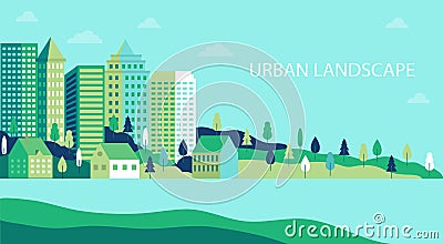 Town landscape panorama. Urban industry illustration. Simple flat city landscape with nature plant. Banner with countryside. Vector Illustration