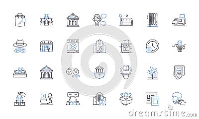 Town line icons collection. Charm, History, Nature, Community, Culture, Architecture, Hospitality vector and linear Vector Illustration