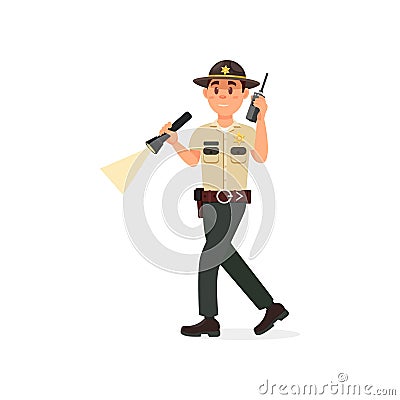 Town male sheriff police officer character in official uniform with radio and flashlight vector Illustration on a white Vector Illustration