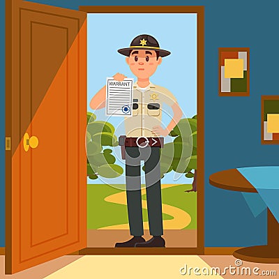 Town male sheriff police officer character in official uniform standing on the doorstep of the house and showing warrant Vector Illustration