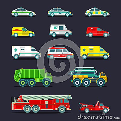 Town municipal special, emergency service cars and trucks icons collection. Vector city transport set in flat style. Vector Illustration