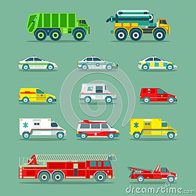 Town municipal special, emergency service cars and trucks icons collection. Vector city transport set in flat style. Vector Illustration