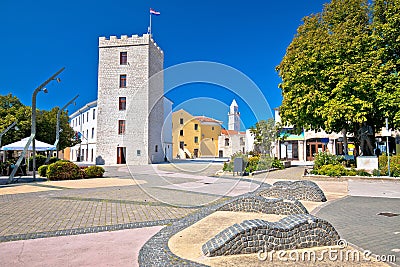 Town of Novi Vinodolski tower and old stone square view Stock Photo