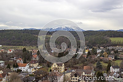 Town of Pitten - view from the fortifications of the mountain church, Austria Stock Photo