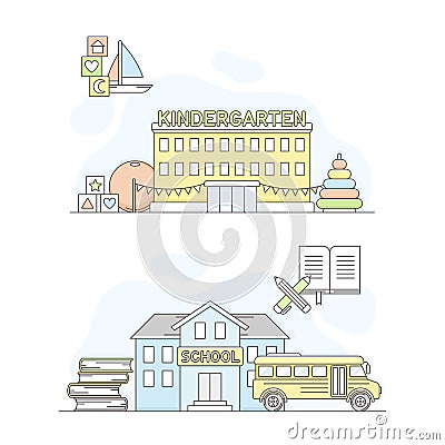 Town public building set. Kindergarten and school facade, commercial property vector illustration Vector Illustration