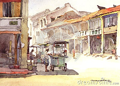 Town scenery watercolor painting Stock Photo