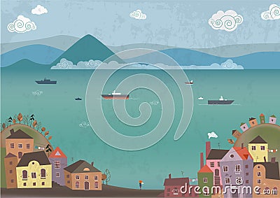 Town on sea shore Vector Illustration