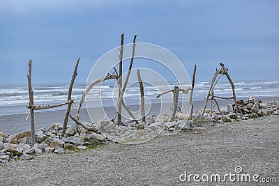 A town sign made of wood in Hokitika, New Zealand Stock Photo