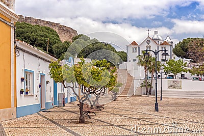 Town Square and the Church of Our Lady of the Martyrs, Castro Marim, Portugal. Stock Photo