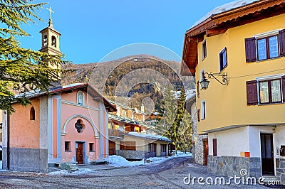 Town square and small chapel in Limone Piemonte. Stock Photo