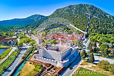Town of Ston and historic walls aerial view Stock Photo