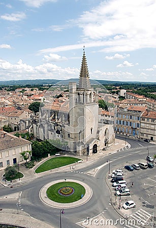 Town traffic circle and church Stock Photo